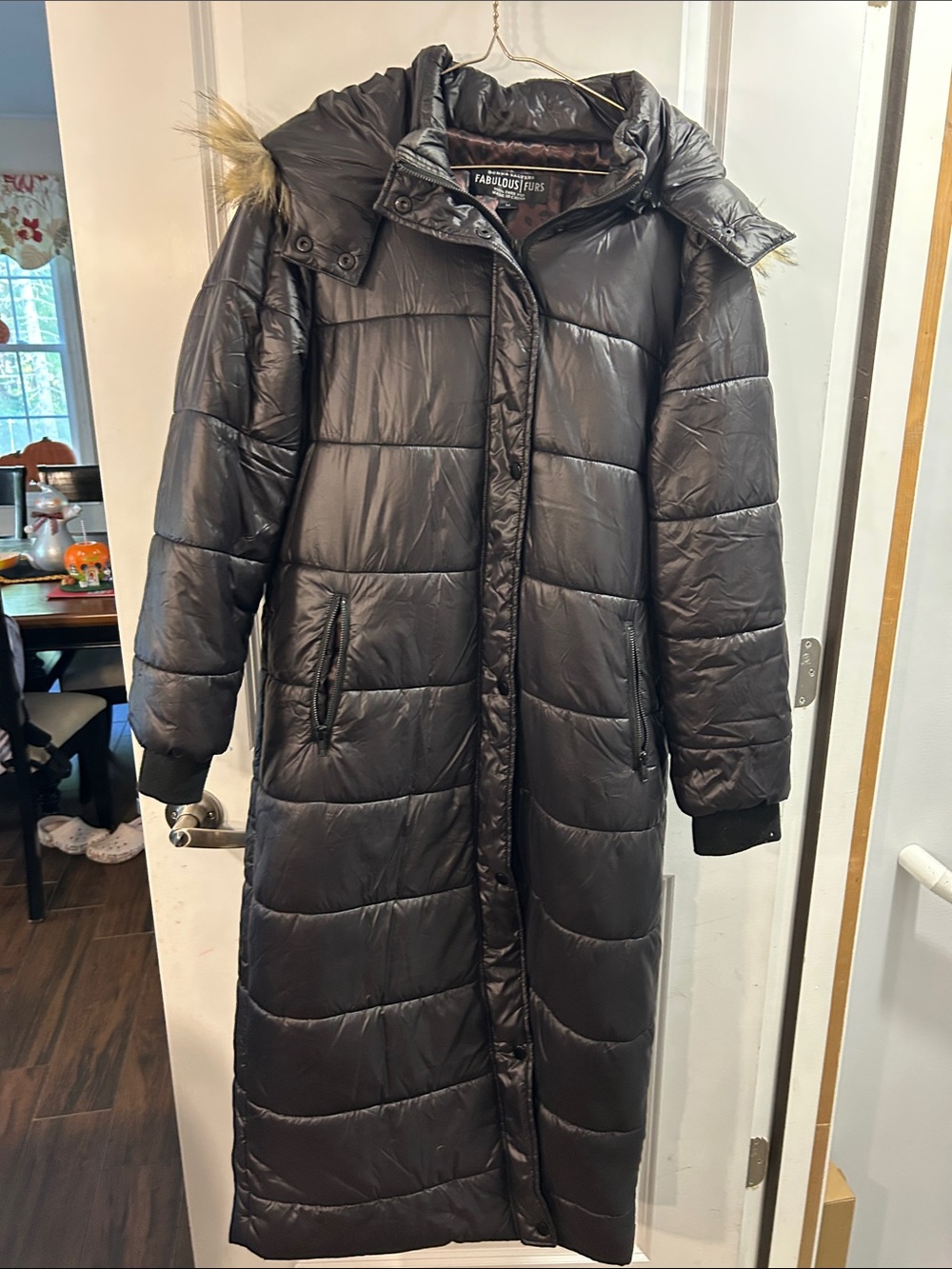 Fabulous Furs Long Black Quilted Puffer Coat with Hood